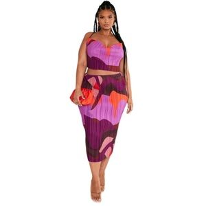 PrettyLittle Thing PINK PRINT PLISSE TOP AND MIDI SKIRT SIZE 22